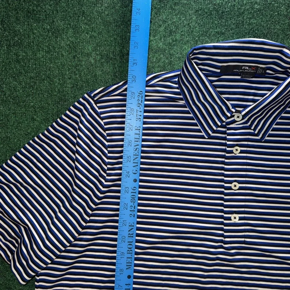 Ralph Lauren RLX Polo Shirt Mens Large Blue Striped Casual Golf Performance J